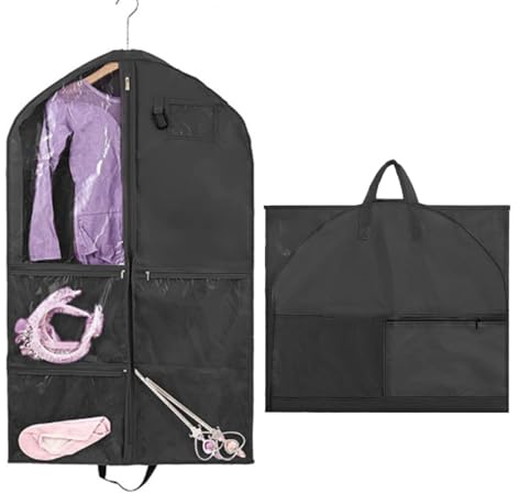 Auriselle Sacchetto per Indumenti Lungo 100 x 60 cm Sacchetti per Indumenti per Bambini Pieghevoli con Manici Copertura Protettiva Traspirante con 5 Tasche per Indumenti Antipolvere (Nero)