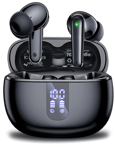 Écouteurs sans fil Bluetooth 5.3 avec son stéréo Hi-Fi, 40 heures d'autonomie avec écran d'alimentation LED, étui de charge, étanche IPX7, écouteurs intra-auriculaires avec microphone pour téléphone