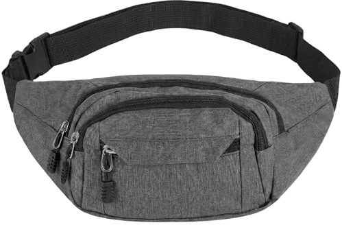 Bumbag Waist Bag, Waterproof 4 Zip Pockets Fanny Pack Waistpacks, Grey | Running Waist Pack Bag with Soft Adjustable Belt, Lightweight, Fits Phone, Keys and Wallet, for Running, Gym and Cycling