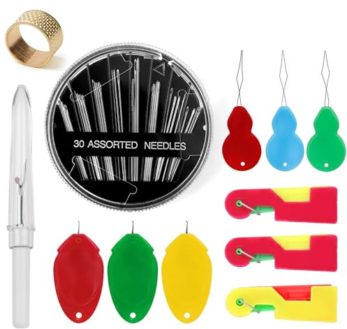 Dupoem Lot de 30 Aiguilles à Coudre de Haute Qualité, Aiguilles à Coudre à Disque avec 9 Enfile-Aiguilles, Aide à l'Enfilage et Dé à Coudre, Adaptées à Broderie et à Couture à Main (Noir)