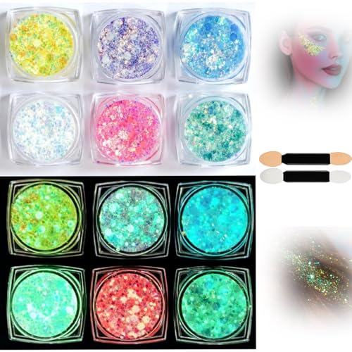 6 Colors Glow in The Dark Festival Face Glitter Gel, Hair & Body, Self-Adhesive Chunky Glitter Paint for Parties, Raves, Neon & Luminous Effects for Dazzling Festival Looks (6 Colours Neon Glow)
