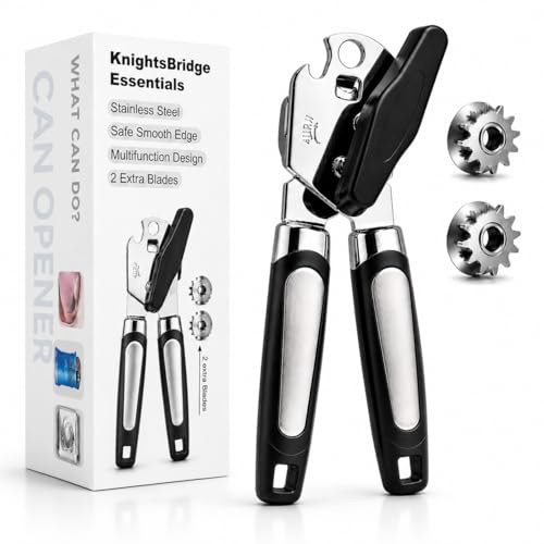 KnightsBridge Essentials Tin Opener, Can Opener Manual with 2 Extra Blades, Heavy Duty Stainless Steel Bottle Opener, Wine Bottle Opener, Ergonomic Tin Opener for Arthritis Hands