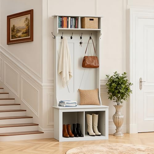 YESHOMY 75 Farmhouse Hall Tree with Bench & Shoe Storage, Entryway Storage Organizer with Coat Rack, 4 Cubbies, 6 Hooks & Detachable Top Cubby for Living Room & Mudroom, White