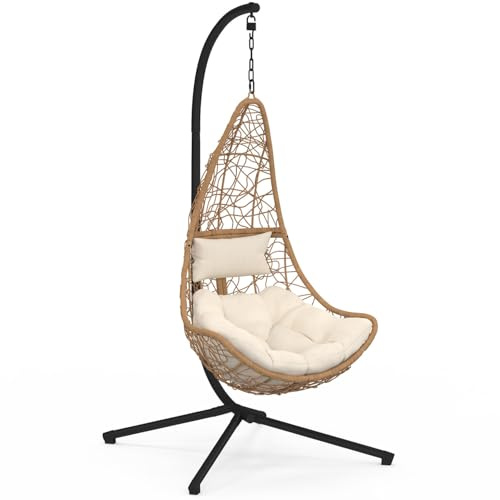 IDMarket - Silla Colgante Media Luna Calada Efecto Ratán con Cojín Écru