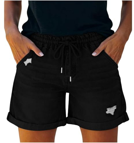 Shorts Vaqueros para Mujer, Cintura Elástica con Cordón, Estilo Casual, Dobladillo Enrollado, Pantalones Cortos Vaqueros Rotos Anchos con Cintura Alta Verano Casual Bermudas Shorts Jeans