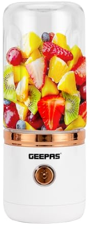 Geepas Portable Blender, Smoothie Maker - 420ML Personal Blender with Rechargeable USB Type-C and 6 Blades, Fruit Mixer Juicer Mini Portable Blender Cup for Travel Kitchen Gym Office, White