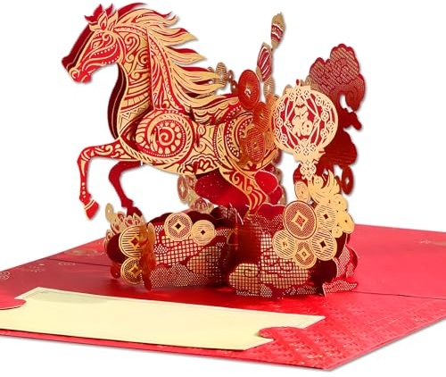 JUESMOS 2026 Year of The Horse Cards Happy Chinese New Year Card 3D Pop Up Card Horse Year Greeting Card with Envelope Chinese Lunar New Year Card
