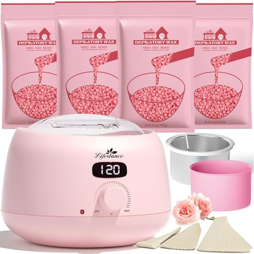 Lifestance Waxing Set Wax Professional, Wax Machine with 400g Guard Beads, 1 Silicone Bowl, Pink Waxing Wax Warmer with 30 Waxing Sticks for Home Use