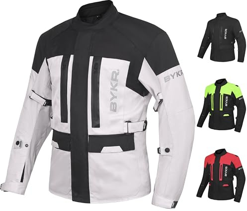 BYKR Adventure Touring Motorcycle Jacket For Men & Women Enduro Biker Textile Riding Gear CE Armored (Silver - 4XL)