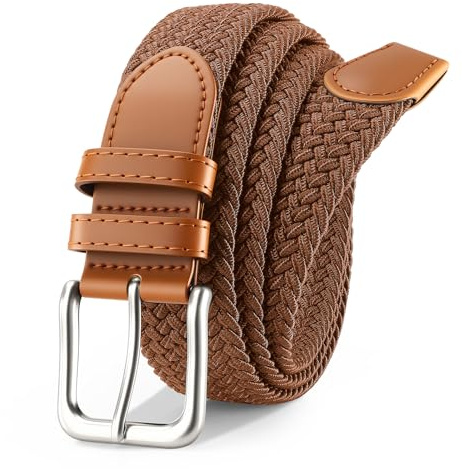 Men's Belt Braided Stretch Belt for Men Golf Pants Casual Jeans (Brown)