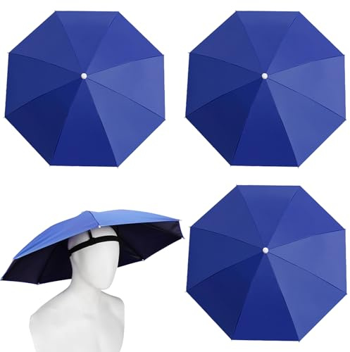 MUFEKUM 4 Pack Umbrella Hats, 27 Hands-Free Head Umbrealla Hats for Adult, Folding Waterproof Umbrella Cap With Head Strap for Outdoor Party, Fishing, Sun, Rain, Beach (Blue)