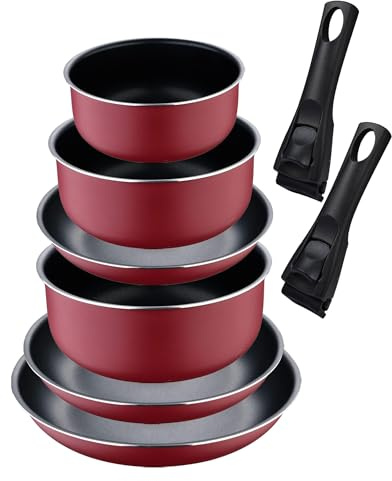 Set de 3 poêles Ø18Ø20Ø24cm avec manche amovible + 3 casseroles Ø16Ø18Ø20cm avec manche amovible - en aluminium pressé couleur rouge Click&Cook Bergner