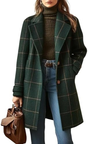 Women's Winter Lapel Collar Wool Trench Coat Button Down Mid Long Overcoat Outerwear Wool Coats For Women Winter Green