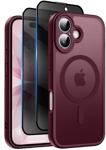 HeIssitot for iPhone 17 Case, Privacy Screen Protectors X2, Wine Red | Compatible with MagSafe, Camera Protection, 15FT Military Drop Protection, Translucent Matte Shockproof Phone Cover