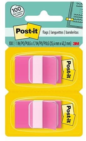 Post-it Flags, 1 in. x 1.7 in., Two Dispensers with 50-Count Bright Pink Sticky Tabs Per Dispenser (100 Flags Total), Removable Page Markers for Books, Planners, Calendars, and Other Paper Types