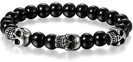 Cupimatch Herren Damen Buddha Mala Totenkopf Armband, Schädel Kugelkette Gebet Stretch Energiearmband Armschmuck Perlenarmband, schwarz silber