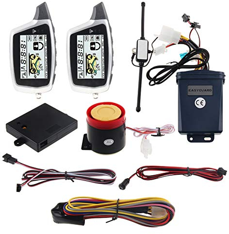 EASYGUARD EM212 2-Wege-Motorrad-Alarmsystem mit LCD-Pager-Display, wiederaufladbarer Sender, eingebauter Schocksensor und Mikrowellensensor, 12 V Gleichstrom