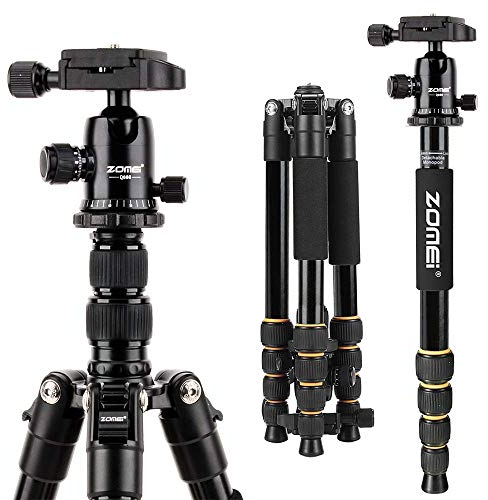 ZOMEI Q666 Kamera Stativ, 155cm Aluminium-Leichtbau Reisestativ, 3-in-1 Fotostativ Makrostativ und Einbeinstativ, mit 360° Panorama Kugelkopf und 1/4 Schnellwechselplatte für DSLR Kamera Camcorder