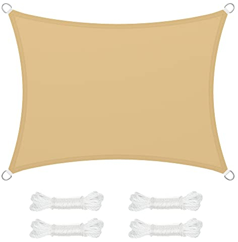 SONGMICS Sonnensegel, 3 x 4 m, wasserabweisend, Wassersäule 665 mm, reißfestes Polyester, UV-Schutz 93%, Terrasse, Garten, Balkon, rechteckig, 2 m Seile, sandgelb GSH34EY
