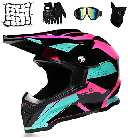 MRDEAR Casques Cross Femme Rose, Casque Motocross avec Goggle/ Gants Moto/ Masque/ Filet à Elastique, Casque VTT Integral Enduro Moto Velo Quad ATV Scooter, Doublure Amovible,M
