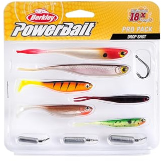 Berkley PowerBait® Pro Pack Drop Shot; Komplettes Softbait-Angelset mit PowerBait-Duftstoff, mit Haken, Gewichten und Ködern für Barsch und Zander, Drop Shot-Angelset für Stadt- und Süßwasserangler