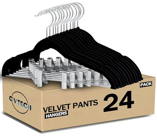 GVTECH Velvet Hangers with Clips, [24 Pack] - Metal Clips for Pants & Skirts, 360° Swivel Hook - Non Slip Felt Hangers for Suits, Dresses & Shirts (Black)