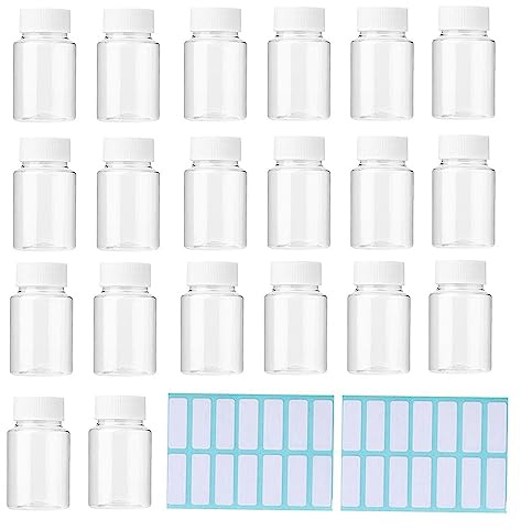 SKYPRO Lot de 20 flacons de médicaments vides en plastique transparent avec bouchons pour liquide et poudre solide avec adhésif (15 ml)
