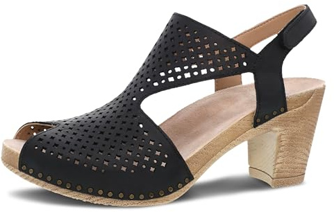 Dansko Teagan Stylish Peep Toe Sandal for Women - Quality Leathers with Laser Cut Details and a Heel for a Classy, All-Day Look - Cushioned, Contoured Footbed for All-Day Comfort Black 8.5-9 M US