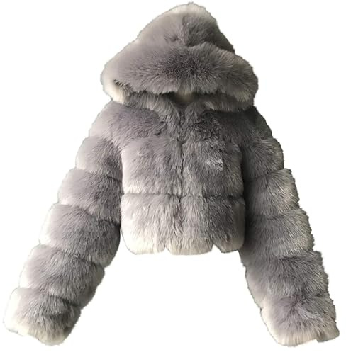 PengGengA Abrigo de Abrigo de Piel Sintética para Mujer Chaqueta Corta Suave Capa de Felpa con Capucha Top de Cárdigan de Manga Larga - Gris, L