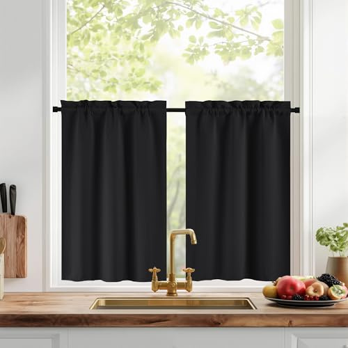 PONY DANCE Rideau Cuisine Court - Rideau Occultant Brise Bise de Petite Fenêtre, Opaque Panneaux Interierus Décoration pour Placard/Porte/Cuisine, Passe Tringle, Noir, L 60 x H 60cm, 2 Panneaux