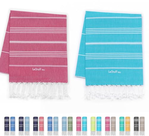 LeStoff 2er-Set Hamamtuch 95 x 180 cm - 100% Bio-Baumwolle, Vorgewaschen, Nachhaltig, Saugstark & Schnelltrocknend, Reisehandtuch, Campinghandtuch, Badetuch, Saunatuch, Strandtuch (Fuchsia + Aqua)