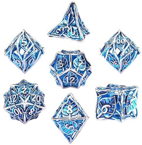 SIQUK 7 Stücke DND Würfel Set, Metall Würfel Spiel Polyedrische Würfel Hohles Spielwürfel Dungeons and Dragons Würfel für D&D MTG RPG（Blau & Silber）