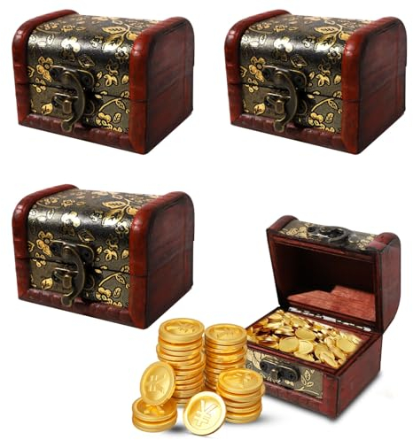 ZDNT 4 Pièces Coffre au Trésor en Bois,Petit Coffre Trésor Rétro,Mini Coffre au Tresor,Coffre au Trésor,Petite Boite en Bois,Mini Coffre Pirate pour Ranger Bijoux Colliers Boucles D'oreilles Bagues