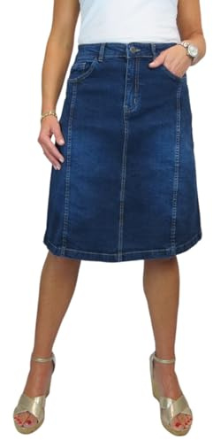 Paulo Due Women's A Line Denim Skirt Ladies Knee Length Flared Jeans Skirt Panelled Dark Blue Faded 10-22 (14)