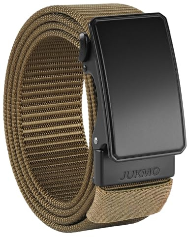 JUKMO Men's 1.5 Nylon Ratchet Belt, Casual Web Click Tactical Belt with Slide Buckle for Jeans, No Holes Adjustable Trim to Fit(Coyote,Small)