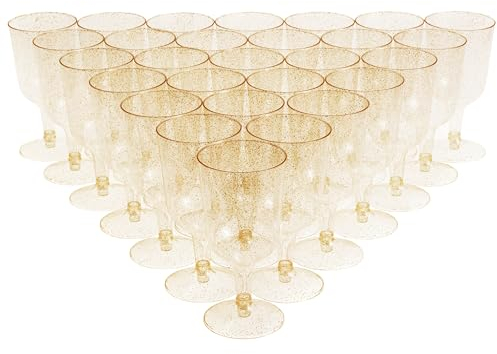 MATANA 50 Verres à Vin en Plastique avec Paillettes Dorées, 170ml - Solides et Réutilisables - Gobelets pour Cocktails, Dessert - Parfaits pour Les Fêtes, Anniversaires, Mariages, Noël