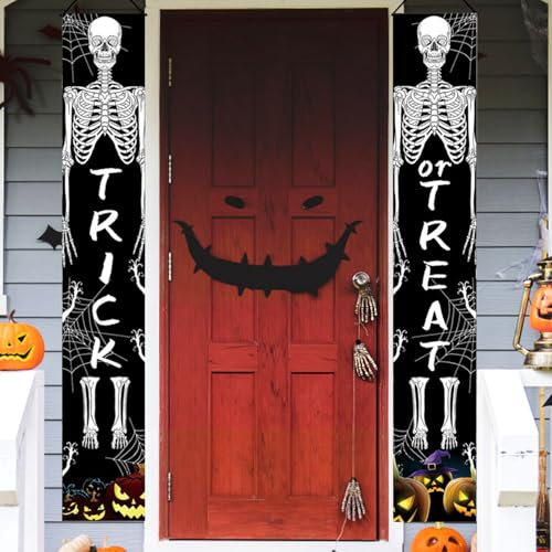 1 Paar Hängende Flagge Für Halloween,Halloween Totenkopf Party Deko Türbanner,Halloween Trick or Treat Tür Banner,Halloween-banner Dekorative Türschilder für Tor Garten Haustür Zuhause Outdoor Hallowe
