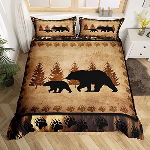 Loussiesd Bear Bedding Set King Kids Boys Farmhouse Wild Animal Bedding Brown Retro Bear Duvet Cover Set Brown Bear Paws Bedroom Decor Bedding