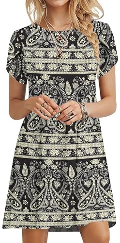 PLOKNRD Vestido Mujer Verano Manga de Pétalo, Escote Redondo - Tipo Camiseta Holgado y Versátil con Bolsillos(Flores Boho Negras,L