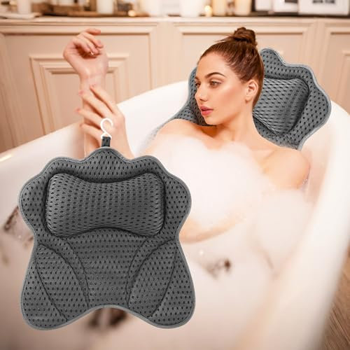 Badewannenkissen, Netz-Badewannenkissen Nacken,Kissen Badewanne mit 6 Saugnäpfen, mit Kopf-, Nacken-, Schulter- und Rückenstütze, Badekissen für Badewanne für Home Spa und Badewanne, (Grau)