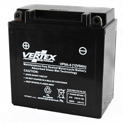 Vertex VP9A-4 Sealed AGM Motorcycle/Powersport Battery, 12V, 9Ah, CCA (-18) 210, Replaces: CB9-B, 12N9-4B-1, YB9-B Perfect battery for Motorcycle, ATV's, Personal Watercraft and Snowmobiles