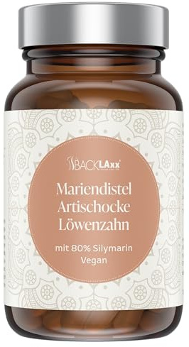 BACKLAXX® Mariendistel, Artischocke & Löwenzahn Komplex – 120 Kapseln (120 Tage Reichweite) – Hochdosiert mit 80% Silymarin, 5 mg Cynarin, hochdosiert, deutsche Produktion, laborgeprüft, vegan