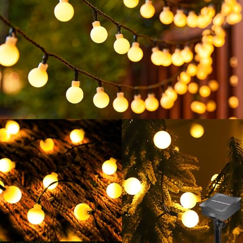 Catena di luci solari per esterni, 12 m, 100 Globe LED, a energia solare, per esterni, 8 modalità, IP65, impermeabile, luce bianca calda, per esterni, giardino, balcone, alberi, terrazze, Natale