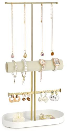 JUPELI Porte Bijoux Femme Métal Doré – Présentoir Rangement Hauteur Réglable 37-56.6cm – Base Stable Anti-Dérapante – Organiseur pour Colliers/Boucles d'Oreilles/Bracelets