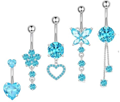 RUGBOL 5 barras para el ombligo, piercing de acero inoxidable con forma de flor, corazón y mariposa para mujer (azul)