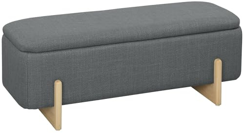 HOMCOM Banc de Rangement Aspect Lin avec charnières de sécurité, Pieds en Bois, Coffre pour Salon, Chambre à Coucher, Couloir - 111 x 44 x 44,5 cm - Gris foncé