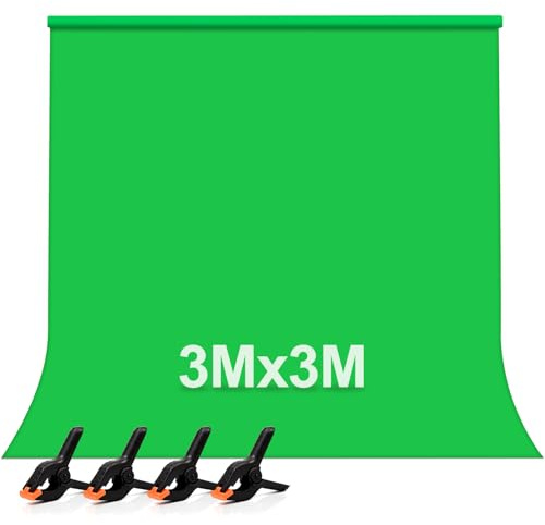 Grön bakgrundstyg, 3 m x 3 m grön skärm, förtjockad och tät vävd ren nyans bakgrund, grön bakgrund för video med 4 fjäderklämmor för fotostudio, video och TV