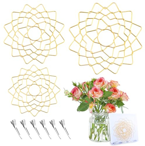BMSQOFD 3 Size Flower Frog Grid Bouquet Stem Holder for Vase Artificial Flowers Arrangement,Flower Arranging Floral Frogs Kenzan Lid with Clips for Ikebana Floristry Supplies Accessories(Gold)