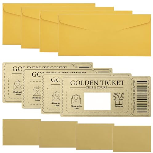 Lot de 4 Carte a Gratter, Golden Ticket, Carte Cadeau de Noël, Ticket d'Or Bon Cadeau à Gratter Personnalisable, Cartes Cadeaux, Jeux a Gratter Personnalisé, pour Famille Amis