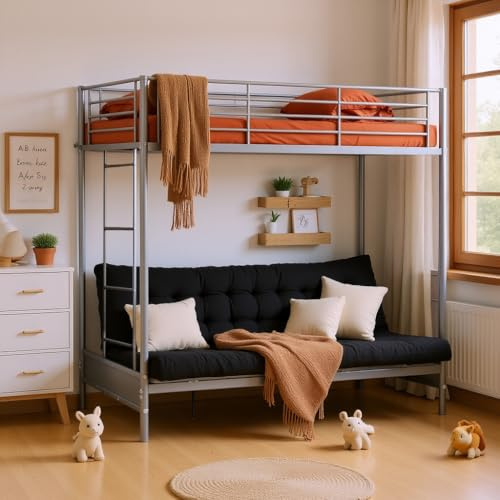 Meuble Cosy Lit Mezzanine avec Banquette Convertible et Sommier à Lattes en métal, n'inclut Pas de Futon, Cadres de Lit 90x190cm pour Enfant, Gris
